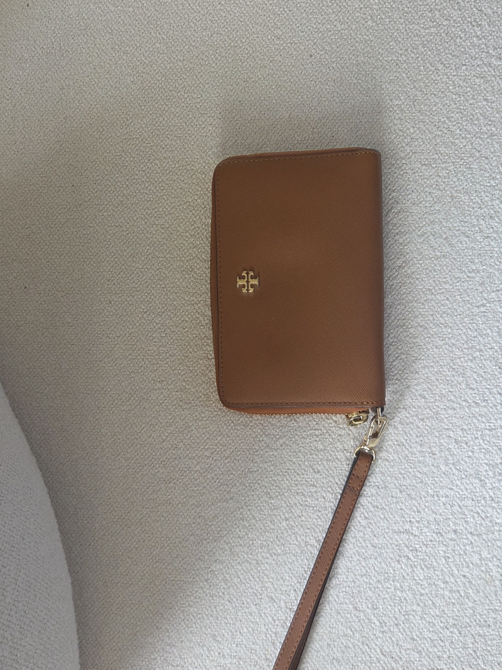 Tory Burch Tan Zip Wristlet Wallet with Gold Logo